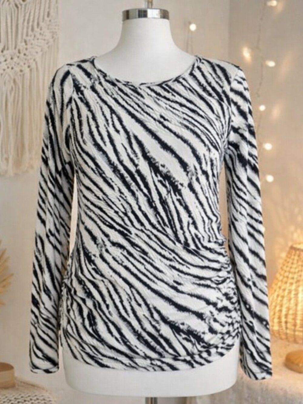 Parallel Skies Zebra Animal Print Ruched Long Sleeve Top L Mob Wife Y2K Club